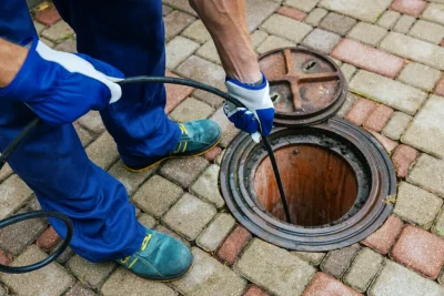 Plumber cleaning an outdoor sewer drain in Englewood