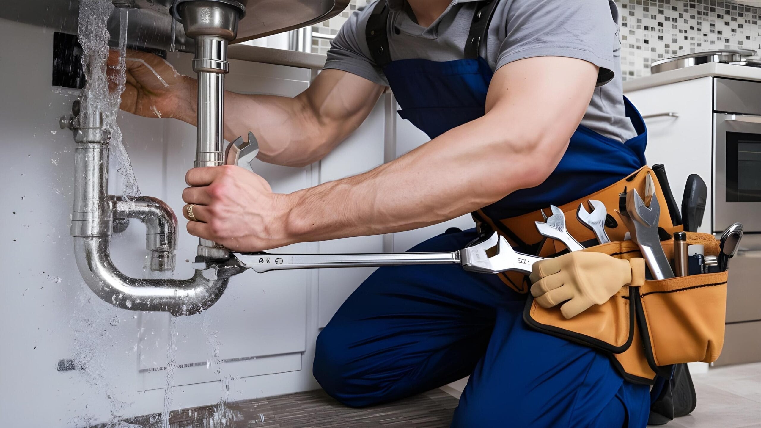 Plumber tightening a residential plumbing pipe in Englewood